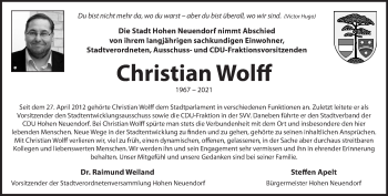 Traueranzeige von Christian Wolff von Märkische Oderzeitung