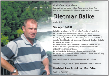 Traueranzeige von Dietmar Balke von Märkische Oderzeitung