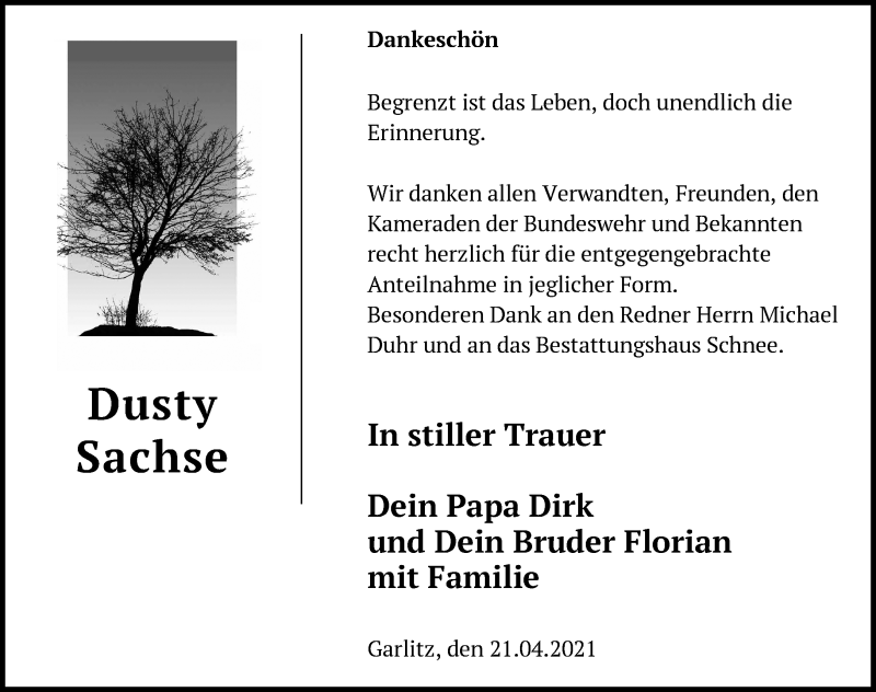  Traueranzeige für Dusty Sachse vom 02.05.2021 aus Märkische Oderzeitung