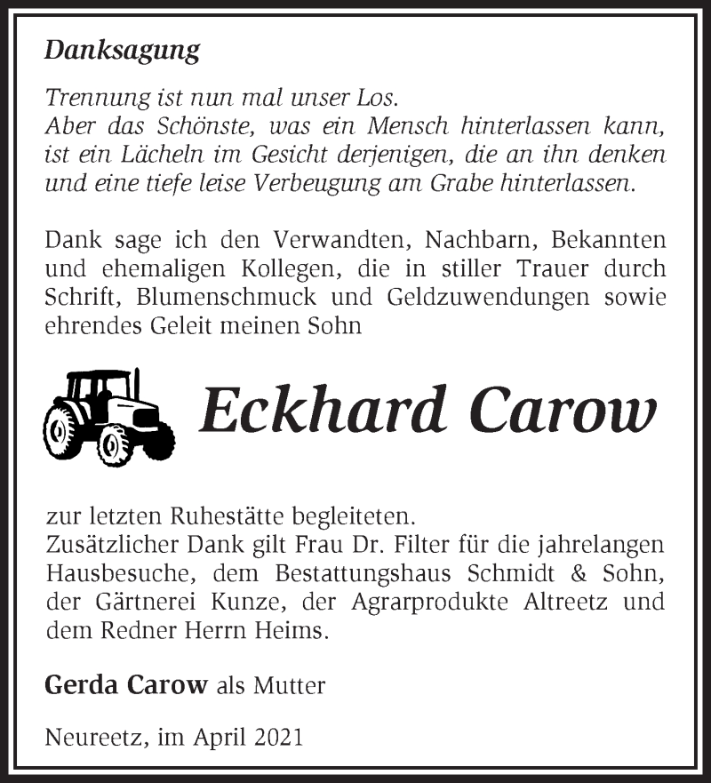  Traueranzeige für Eckhard Carow vom 09.05.2021 aus Märkische Oderzeitung