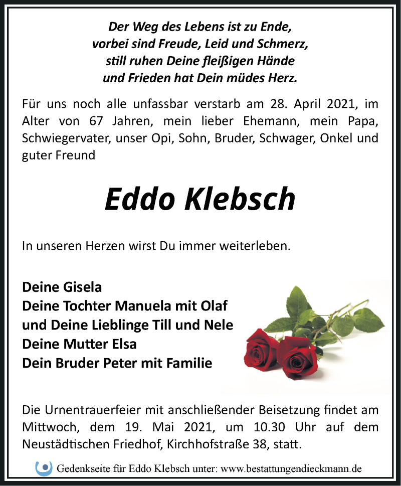  Traueranzeige für Eddo Klebsch vom 09.05.2021 aus Märkische Oderzeitung