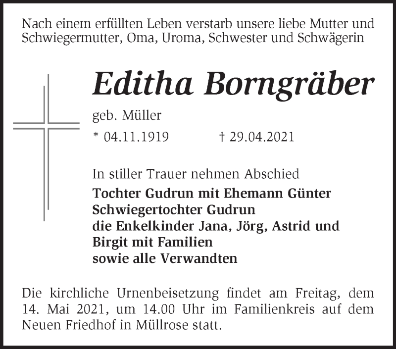  Traueranzeige für Editha Borngräber vom 08.05.2021 aus Märkische Oderzeitung