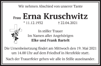 Traueranzeige von Erna Kruschwitz von Märkische Oderzeitung