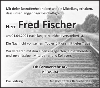 Traueranzeige von Fred Fischer von Märkische Oderzeitung