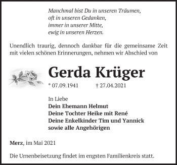 Traueranzeige von Gerda Krüger von Märkische Oderzeitung