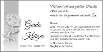 Traueranzeige von Gerda Krüger von Märkische Oderzeitung