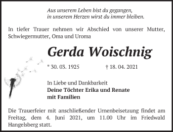 Traueranzeige von Gerda Woischnig von Märkische Oderzeitung