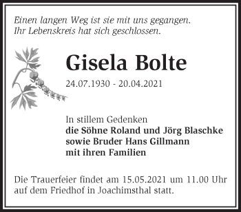 Traueranzeige von Gisela Bolte von Märkische Oderzeitung