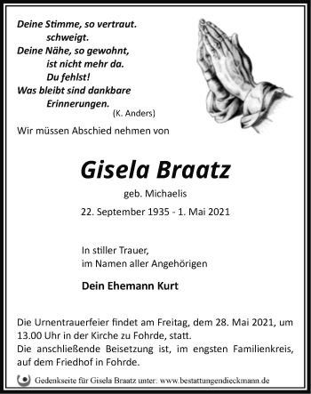 Traueranzeige von Gisela Braatz von Märkische Oderzeitung