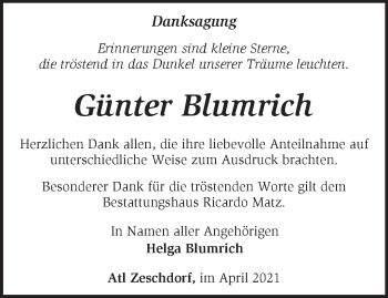 Traueranzeige von Günter Blumrich von Märkische Oderzeitung