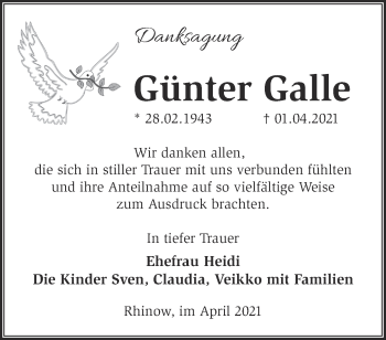 Traueranzeige von Günter Galle von Märkische Oderzeitung