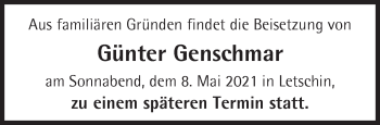 Traueranzeige von Günter Genschmar von Märkische Oderzeitung