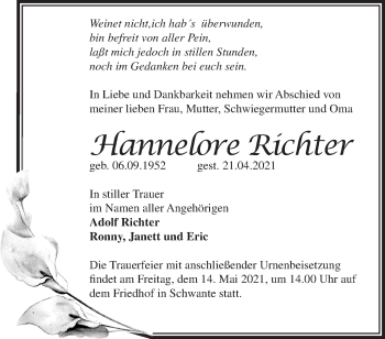 Traueranzeige von Hannelore Richter von Märkische Oderzeitung