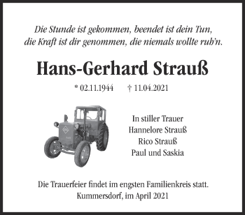 Traueranzeige von Hans-Gerhard Strauß von Märkische Oderzeitung