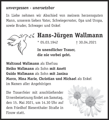 Traueranzeige von Hans-Jürgen Wallmann von Märkische Oderzeitung