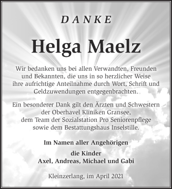 Traueranzeige von Helga Maelz von Märkische Oderzeitung