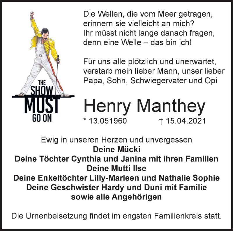  Traueranzeige für Henry Manthey vom 02.05.2021 aus Märkische Oderzeitung