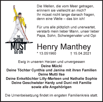 Traueranzeige von Henry Manthey von Märkische Oderzeitung