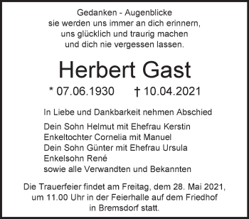 Traueranzeige von Herbert Gast von Märkische Oderzeitung