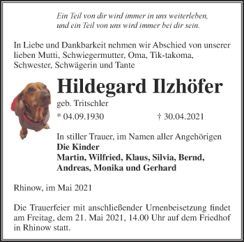 Traueranzeige von Hildegard Ilzhöfer von Märkische Oderzeitung