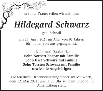 Traueranzeige von Hildegard Schwarz von Märkische Oderzeitung