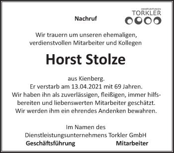 Traueranzeige von Horst Stolze von Märkische Oderzeitung