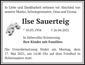 Traueranzeige von Ilse Sauerteig von Märkische Oderzeitung