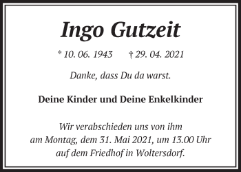 Traueranzeige von Ingo Gutzeit von Märkische Oderzeitung