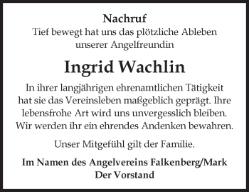 Traueranzeige von Ingrid Wachlin von Märkische Oderzeitung