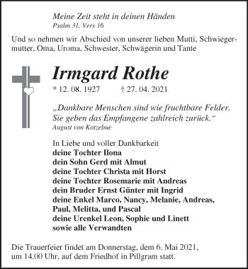 Traueranzeige von Irmgard Rothe von Märkische Oderzeitung