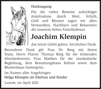 Traueranzeige von Joachim Klempin von Märkische Oderzeitung