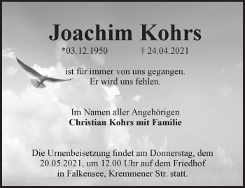 Traueranzeige von Joachim Kohrs von Märkische Oderzeitung