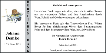 Traueranzeige von Johann Demko von Märkische Oderzeitung