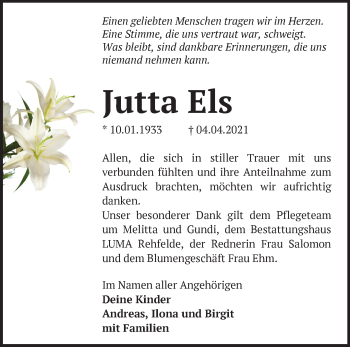 Traueranzeige von Jutta Els von Märkische Oderzeitung