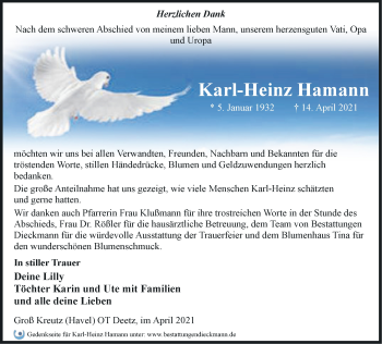 Traueranzeige von Karl-Heinz Hamann von Märkische Oderzeitung