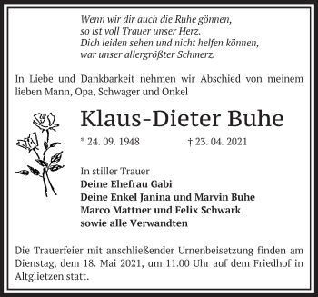 Traueranzeige von Klaus-Dieter Buhe von Märkische Oderzeitung