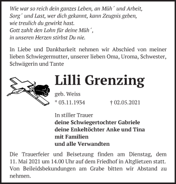 Traueranzeige von Lilli Grenzing von Märkische Oderzeitung