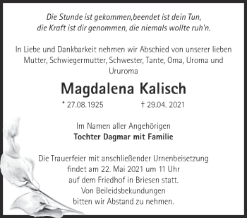 Traueranzeige von Magdalena Kalisch von Märkische Oderzeitung