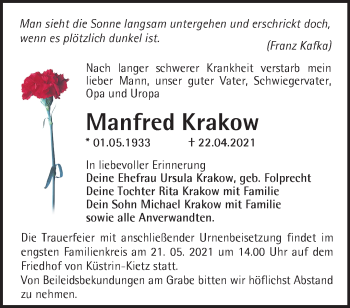 Traueranzeige von Manfred Krakow von Märkische Oderzeitung