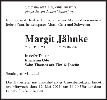 Traueranzeige von Margit Jähnke von Märkische Oderzeitung