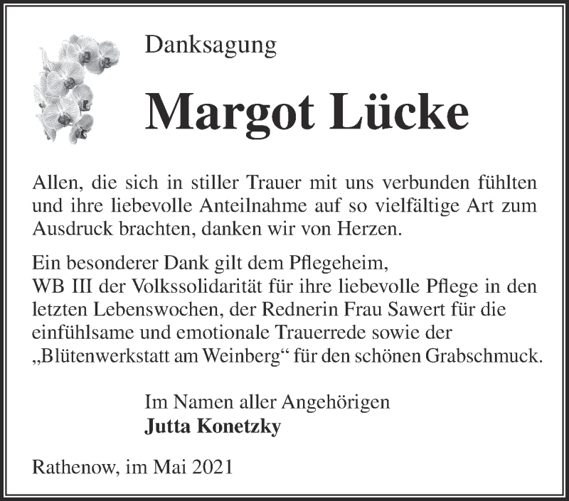  Traueranzeige für Margot Lücke vom 09.05.2021 aus Märkische Oderzeitung