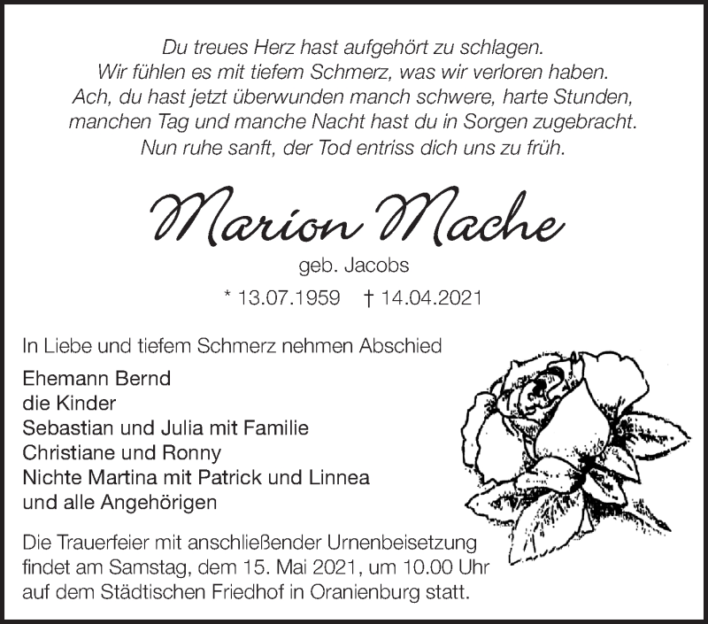  Traueranzeige für Marion Mache vom 08.05.2021 aus Märkische Oderzeitung