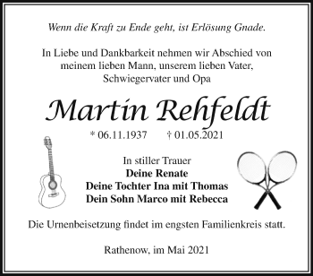 Traueranzeige von Martin Rehfeldt von Märkische Oderzeitung