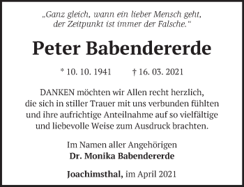 Traueranzeige von Peter Babendererde von Märkische Oderzeitung