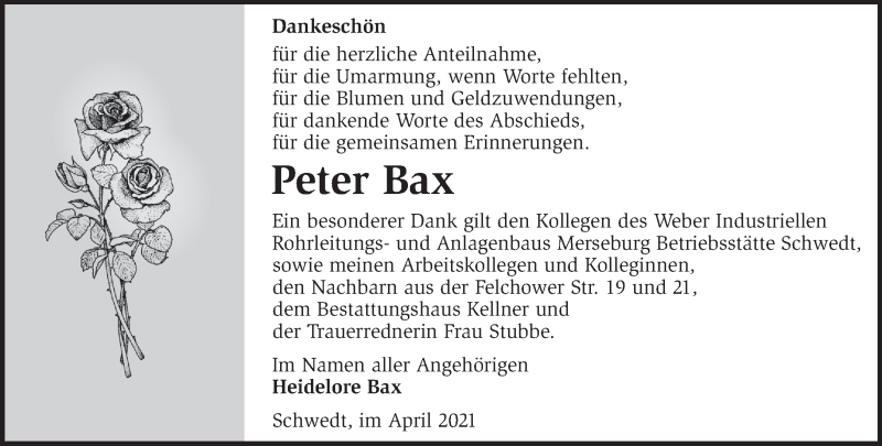  Traueranzeige für Peter Bax vom 08.05.2021 aus Märkische Oderzeitung