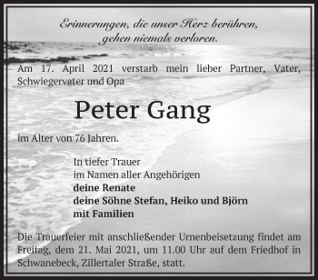 Traueranzeige von Peter Gang von Märkische Oderzeitung