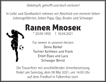 Traueranzeige von Rainer Mrosek von Märkische Oderzeitung