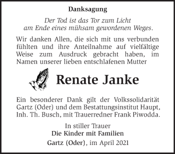 Traueranzeige von Renate Janke von Märkische Oderzeitung