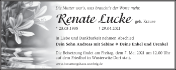 Traueranzeige von Renate Lucke von Märkische Oderzeitung