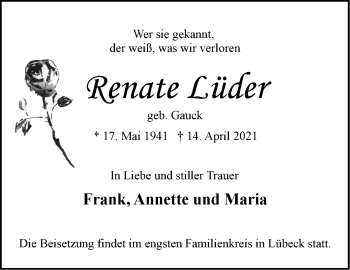 Traueranzeige von Renate Lüder von Märkische Oderzeitung